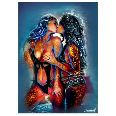 Abstract Oil Painting Girl Kiss Girl Wall Art Printed on Canvas - Image 2