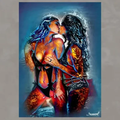 Abstract Oil Painting Girl Kiss Girl Wall Art Printed on Canvas - Image 3