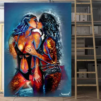 Abstract Oil Painting Girl Kiss Girl Wall Art Printed on Canvas