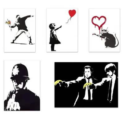 Banksy Graffiti Canvas Painting Black and White Wall Art Print on Canvas