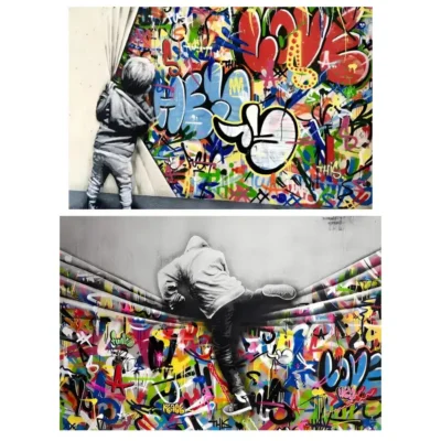Classic Banksy Graffiti Street Art Behind The Curtain Printed on Canvas