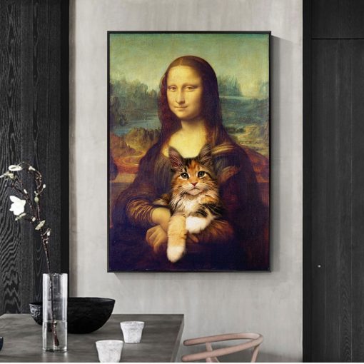 Mona Lisa Holding a Cat Funny Art Paintings on the Wall Art Posters and Prints Famous Art Classical Paintings For Living Room
