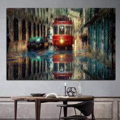 Vagueness of The Street Scenery In Rainy Day, Wall Art Oil Painting Printed on Canvas