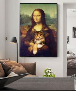 Mona Lisa Holding a Cat Funny Art Paintings on the Wall Art Posters and Prints Famous Art Classical Paintings For Living Room