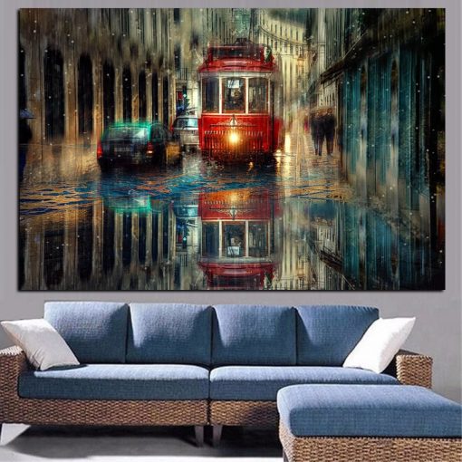 Vagueness of The Street Scenery In Rainy Day, Wall Art Oil Painting Printed on Canvas