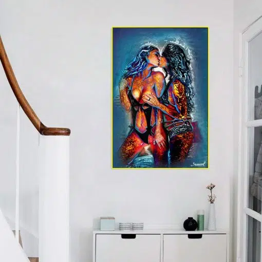 Abstract Oil Painting Girl Kiss Girl Wall Art Printed on Canvas