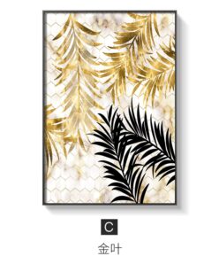 Golden Leaf Abstract Painting, Nordic Style Wall Art Home Decoration Printed on Canvas