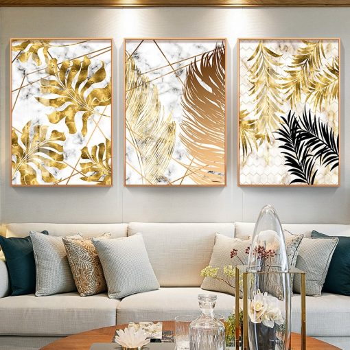 Golden Leaf Abstract Painting, Nordic Style Wall Art Home Decoration Printed on Canvas