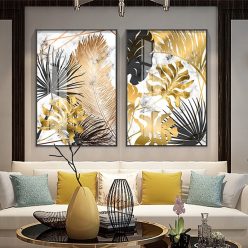 Golden Leaf Abstract Painting, Nordic Style Wall Art Home Decoration Printed on Canvas