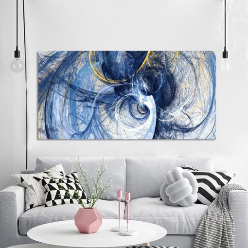 Modern Art Oil Painting Abstract Blue Lines, Elegant Wall Art Painting - Print on Canvas