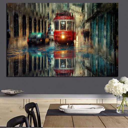 Vagueness of The Street Scenery In Rainy Day, Wall Art Oil Painting Printed on Canvas
