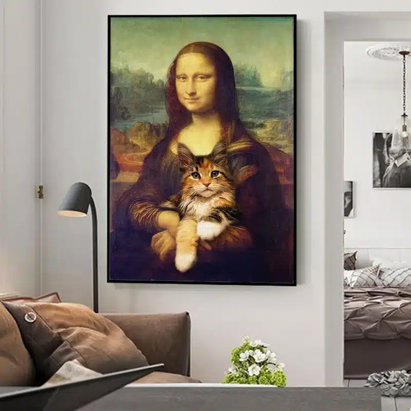 Mona Lisa Holding a Cat Fun Art Painting Printed on Canvas