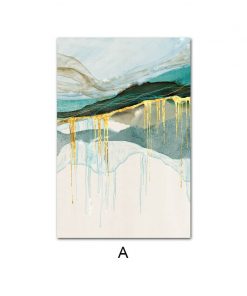 Gold Green Blue Abstract Art Painting, Wall Art Nordic Style Print on Canvas