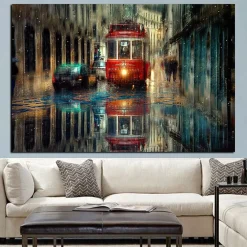 Vagueness of The Street Scenery In Rainy Day Oil Painting Printed on Canvas
