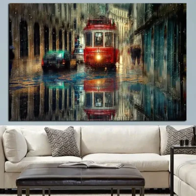 Vagueness of The Street Scenery In Rainy Day Oil Painting Printed on Canvas