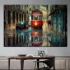 Vagueness of The Street Scenery In Rainy Day Oil Painting Printed on Canvas