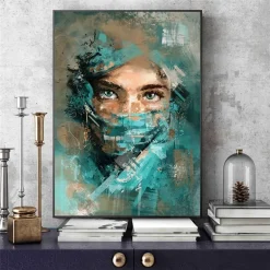 Abstract Woman Portrait With Green Veil Watercolor Wall Art