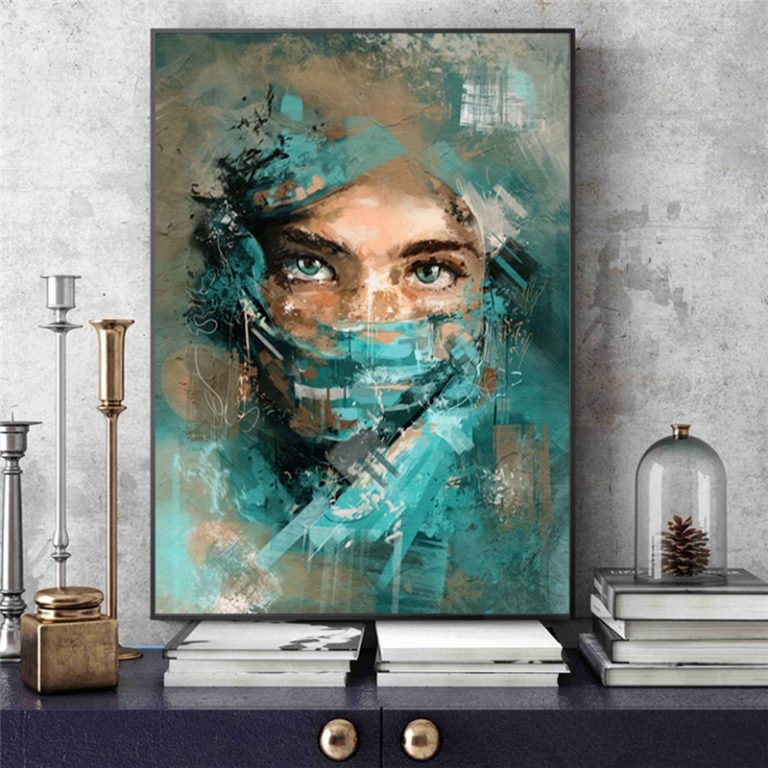 Abstract Woman Portrait With Green Veil Watercolor Wall Art 