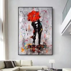 Lovers With Red Umbrella Oil Painting Printed on Canvas