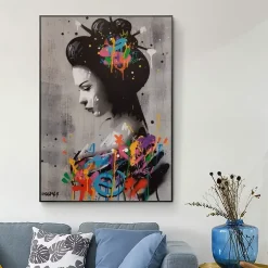 Street Art Graffiti Japanese Woman Painting Printed on Canvas