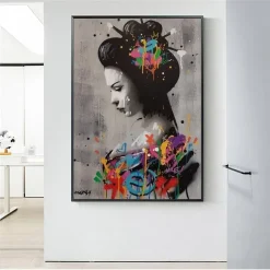 Street Art Graffiti Japanese Woman Painting Printed on Canvas - Image 3