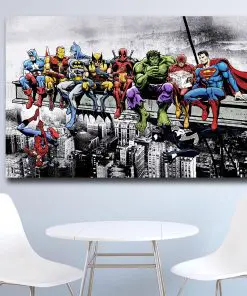 Superheroes In Lunch Atop a Skyscraper Oil Painting Printed on Canvas