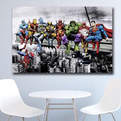 Superheroes In Lunch Atop a Skyscraper Oil Painting Printed on Canvas