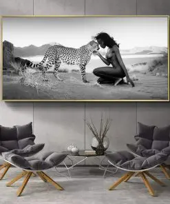 Snow Leopard and Nude Woman Painting Printed on Canvas
