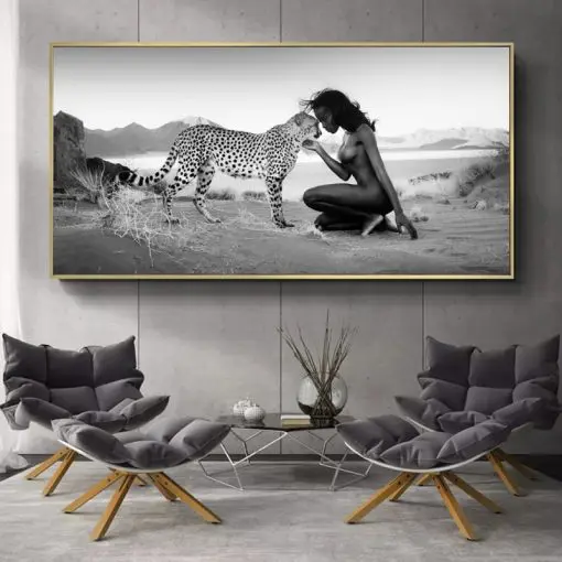 Snow Leopard and Nude Woman Painting Printed on Canvas