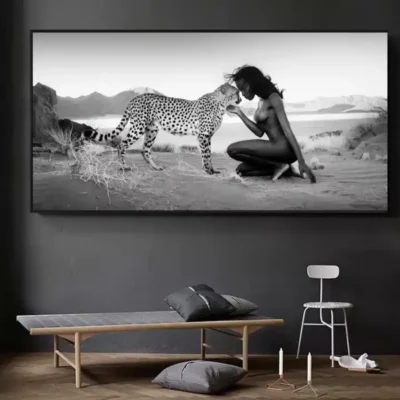 Snow Leopard and Nude Woman Printed on Canvas