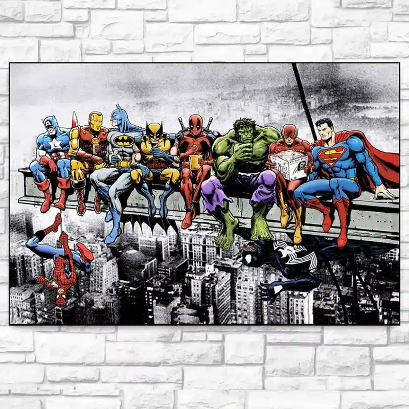 Superheroes In Lunch Atop a Skyscraper Oil Painting Printed on Canvas