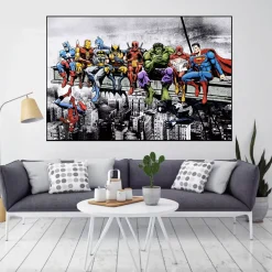 Superheroes In Lunch Atop a Skyscraper Oil Painting Printed on Canvas