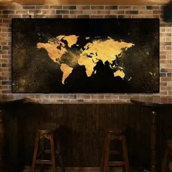 Abstract Black and Gold Color World Map Painting Printed on Canvas