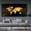 Abstract Black and Gold Color World Map Painting Printed on Canvas
