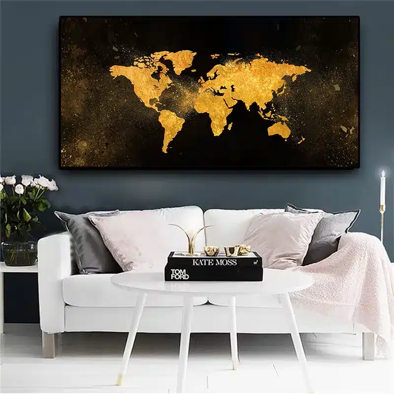 Abstract Black and Gold Color World Map Painting Printed on Canvas