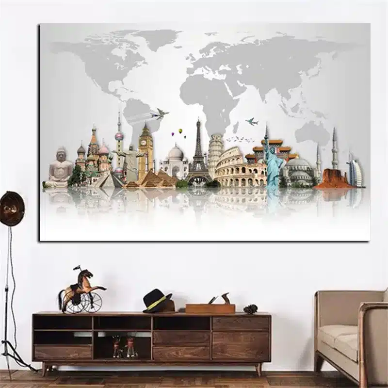 Abstract Famous City Buildings on World Map Painting Big Ben Eiffel Tower