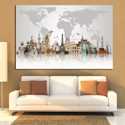Abstract Famous City Buildings on World Map Painting Big Ben Eiffel Tower
