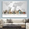 Abstract Famous City Buildings on World Map Painting Big Ben Eiffel Tower