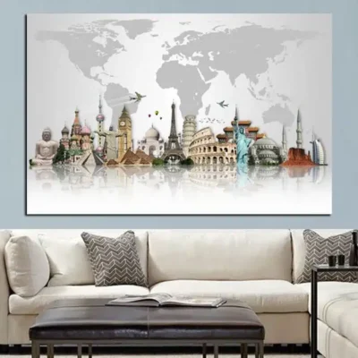 Abstract Famous City Buildings on World Map Painting Big Ben Eiffel Tower