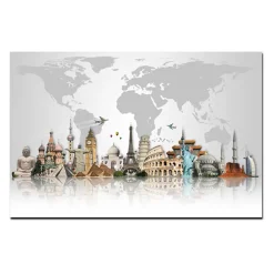 Abstract Famous City Buildings on World Map Printed on Canvas