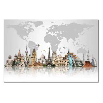 Abstract Famous City Buildings on World Map Printed on Canvas