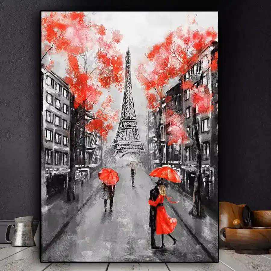 Couple in Paris Romantic City with Eiffel Tower in Background