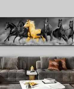 Modern God and Black Six Horses Running Oil Painting HD Print on Canvas Poster Wall Art Picture for Living Room Sofa Cuadros