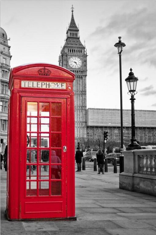 Traditional British Red Telephone Box and Red Double-Decker Bus in London, Pictures Printed on Canvas