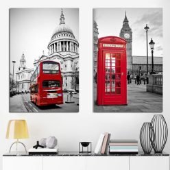 Traditional British Red Telephone Box and Red Double-Decker Bus in London, Pictures Printed on Canvas