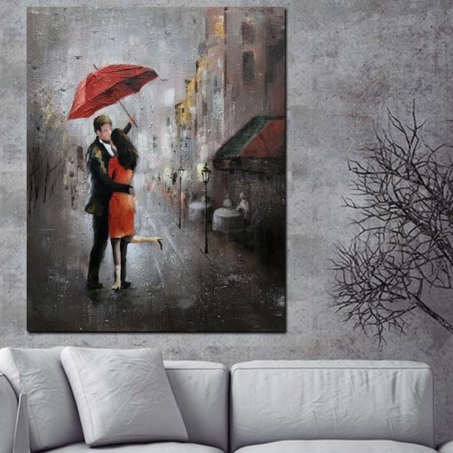 Romance Oil Painting Couple with Umbrella on Rainy Day