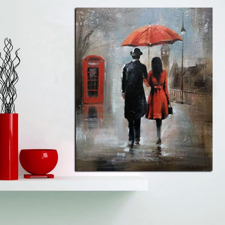 Romance Oil Painting Couple with Umbrella on Rainy Day • CanvasPaintArt