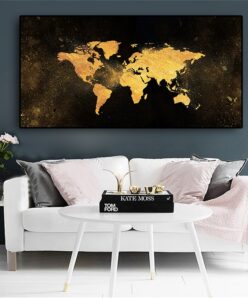 Abstract Black and Gold Color World Map Painting Printed on Canvas