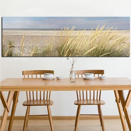 Peaceful Seascape with Grass around the Beach, Modern Art Printed on Canvas