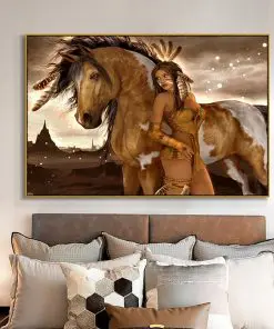 Native Indian Girl with Horse Oil Painting Printed on Canvas